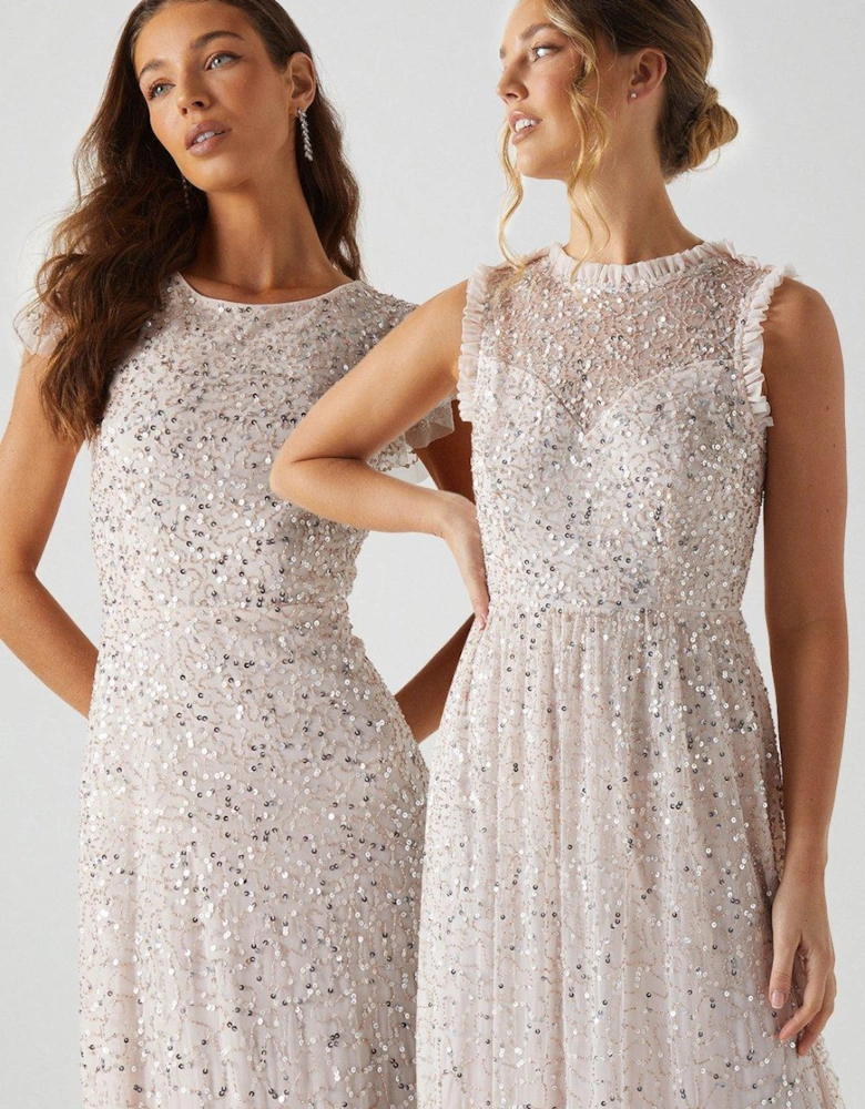 Frill Shoulder All Over Sequin Bridesmaids Maxi Dress