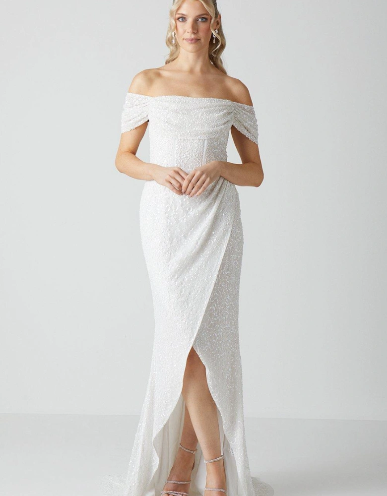 Draped Bardot Cap Sleeve Wrap Skirt Wedding Dress