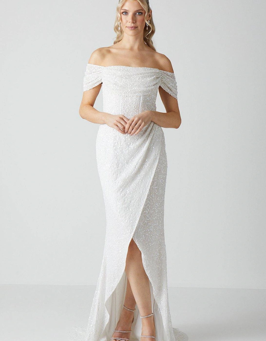 Draped Bardot Cap Sleeve Wrap Skirt Wedding Dress, 5 of 4