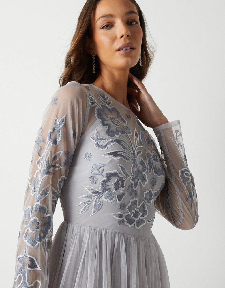Floral Embroidered Bodice Long Sleeve Bridesmaids Maxi Dress