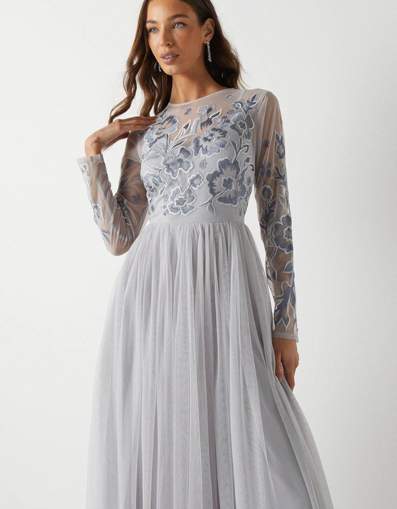 Floral Embroidered Bodice Long Sleeve Bridesmaids Maxi Dress