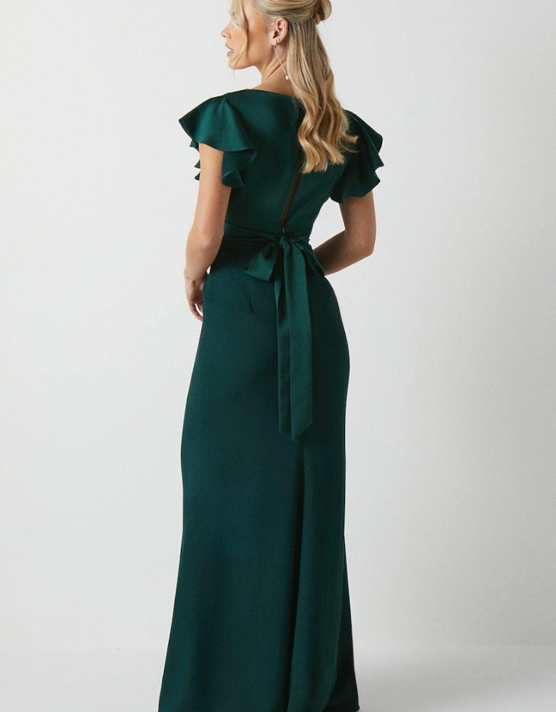 Petite Open Ruffle Back V Neck Satin Bridesmaids Dress