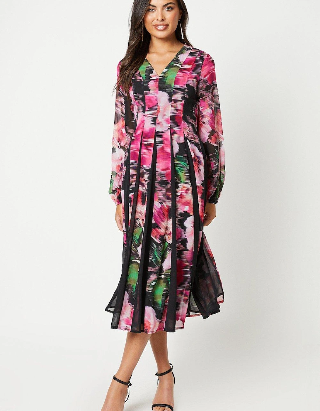 Blurred Floral V-neck Godet Dress, 5 of 4