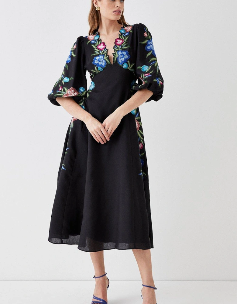Floral Neckline Embroidered Puff Sleeve Midi Dress