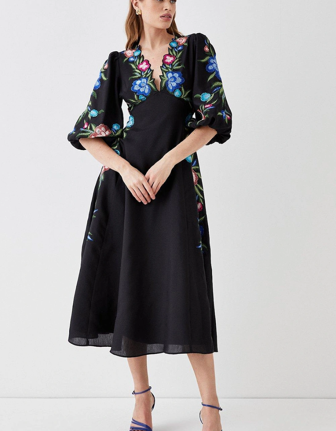 Floral Neckline Embroidered Puff Sleeve Midi Dress, 4 of 3