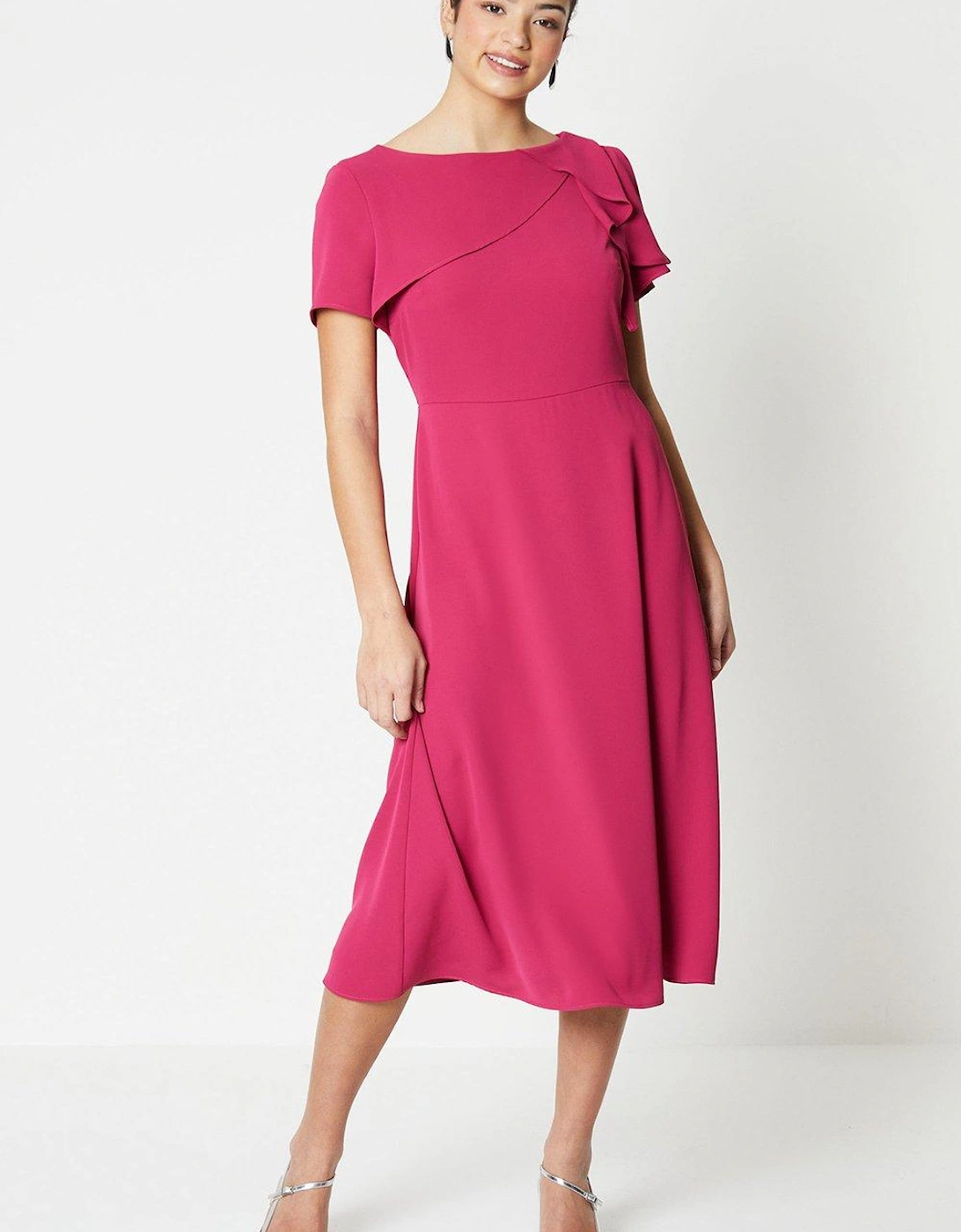 Draped Ruffle Shoulder Fit And Flare Midi Dress, 5 of 4