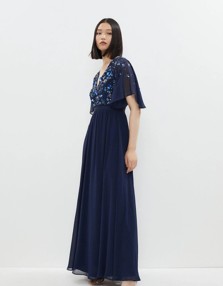 Maxi Dress With Flutter Sleeve & Beading
