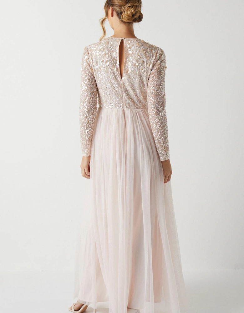 3d Floral Embellished Long Sleeve Bridesmaid Maxi Dress