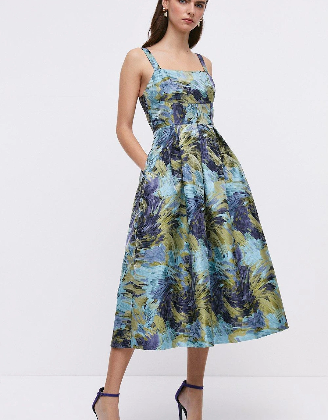 Panelled Bodice Jacquard Full Skirt Midi Dress, 7 of 6