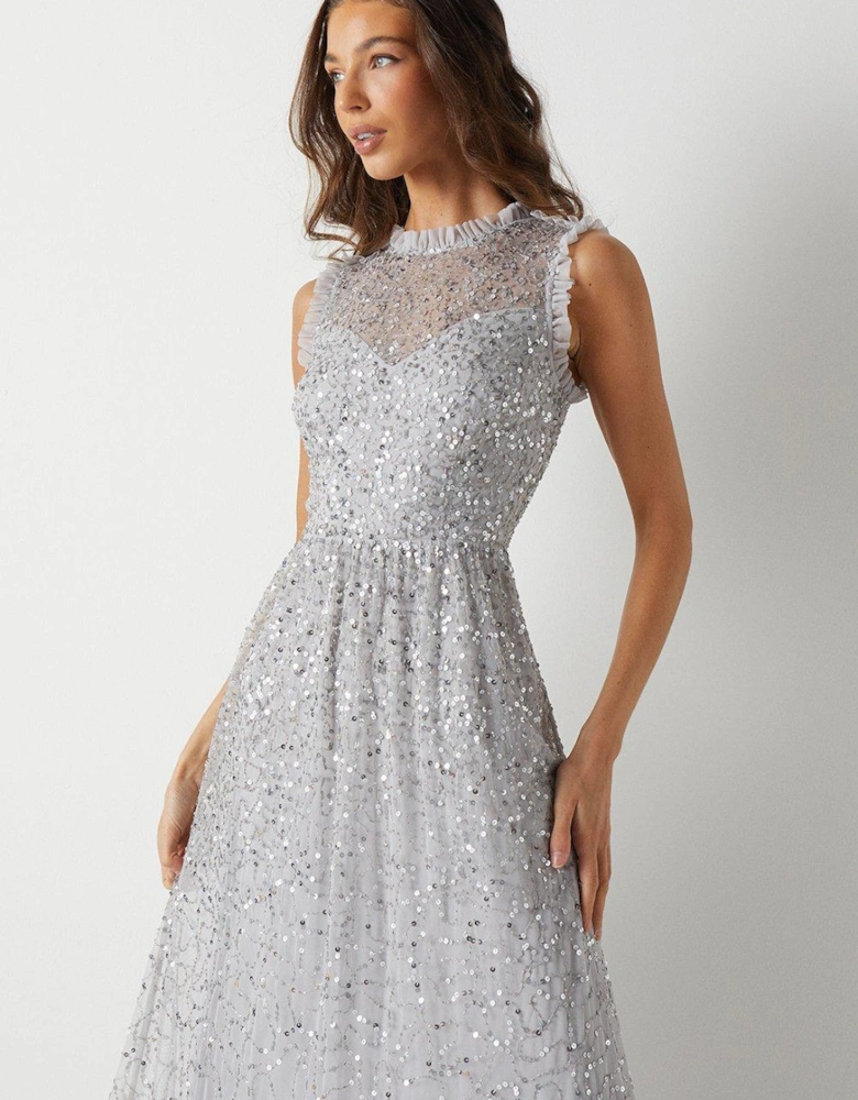 Frill Shoulder All Over Sequin Bridesmaids Maxi Dress