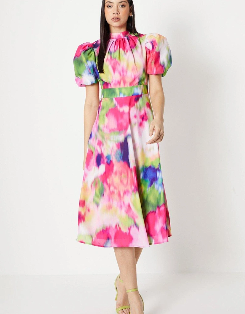 Blurred Floral Puff Sleeve Midi Dress