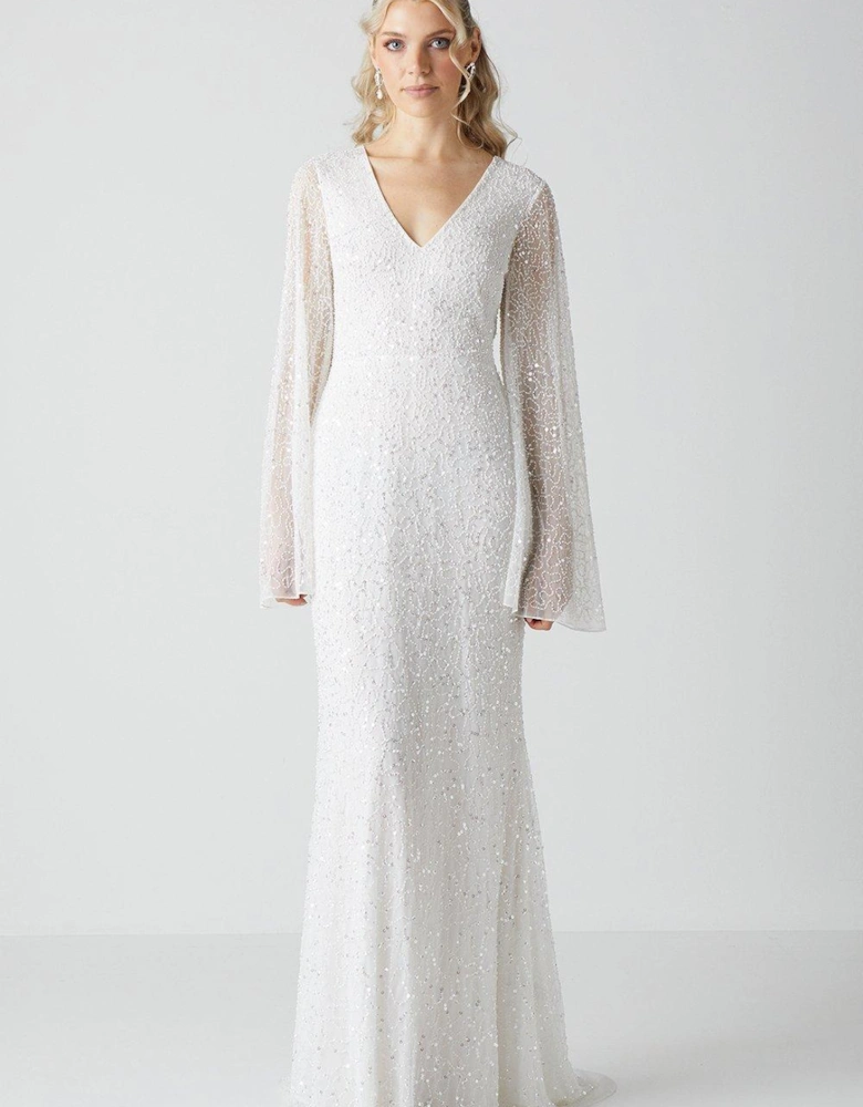 V Neck All Over Embellished Flare Sleeve Wedding Dress