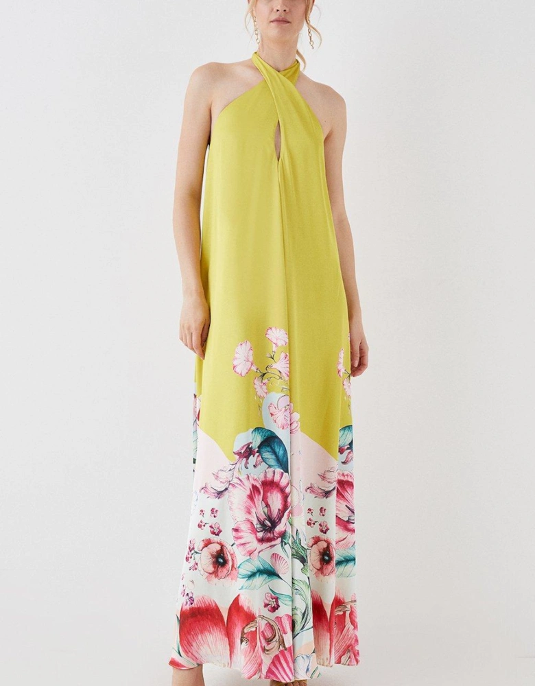 The Collector Twist Front Satin Halter Maxi Dress