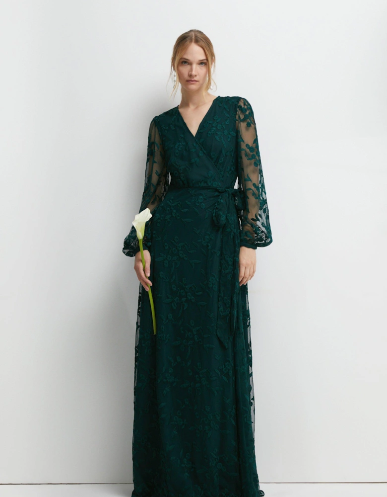 Floral Embroidered Wrap Bridesmaid Dress