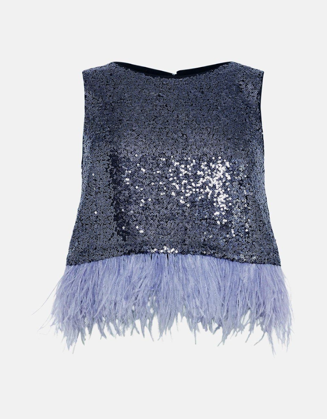 Contrast Feather Hem Sequin Shell Top