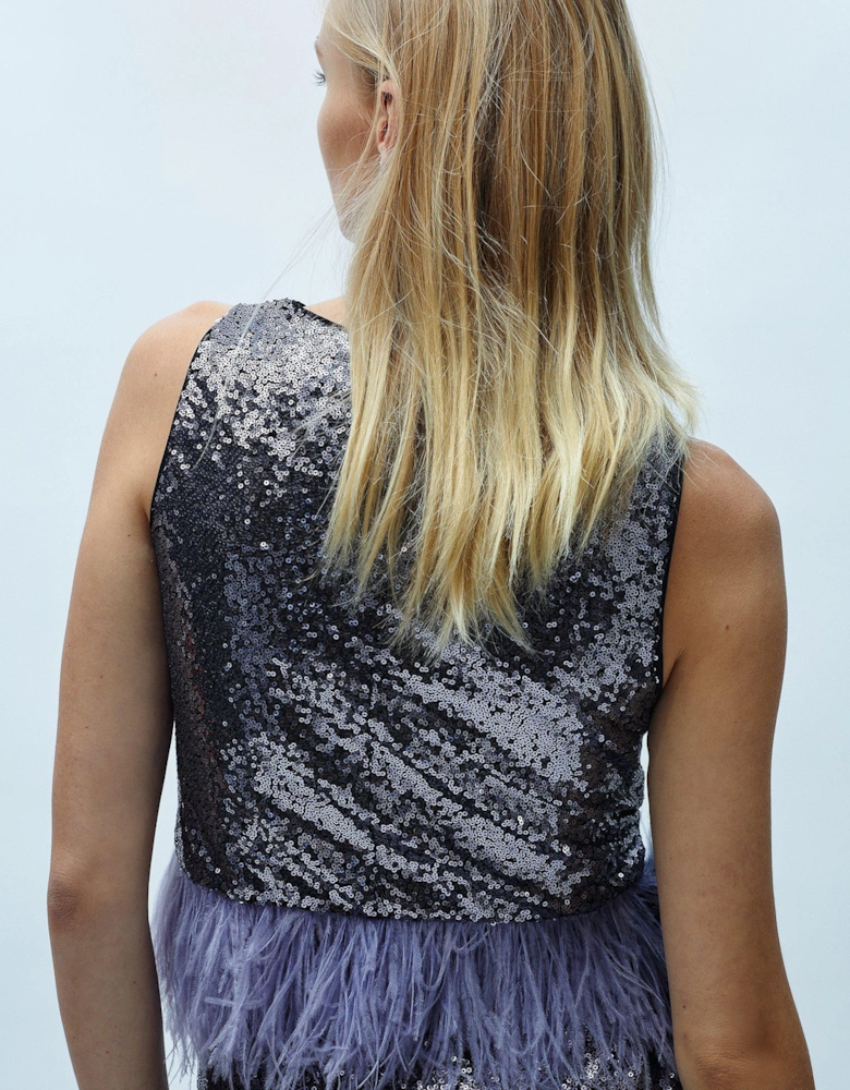 Contrast Feather Hem Sequin Shell Top
