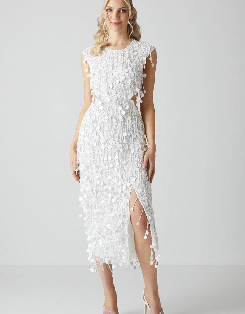 Embellished Open Back Fringe Midi Dress