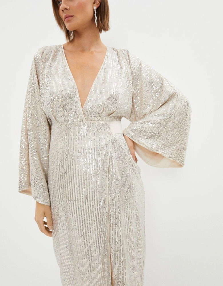 Sequin Kimono Sleeve Wrap Dress