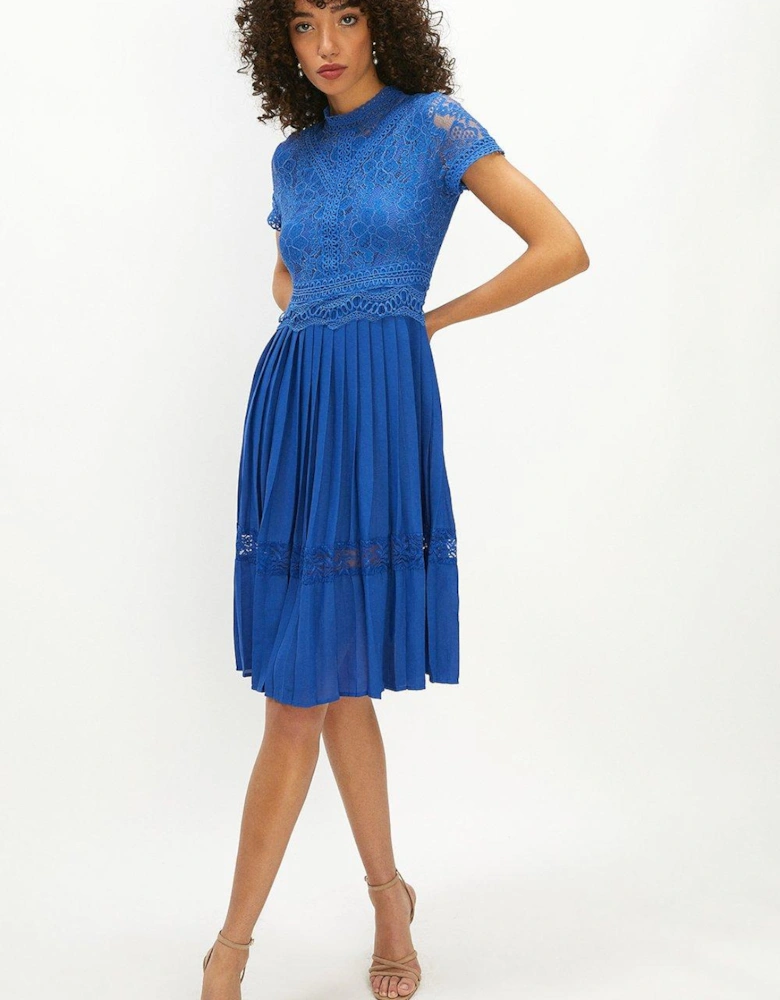 Lace Bodice Pleat Skirt Midi Dress