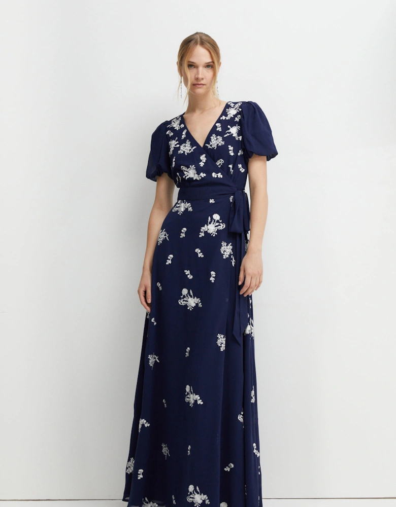 Placement Embroidery Puff Sleeve Bridesmaids Maxi Dress