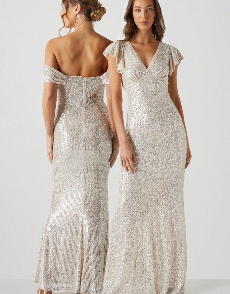 V Neck Angel Sleeve Sequin Maxi Bridesmaids Dress