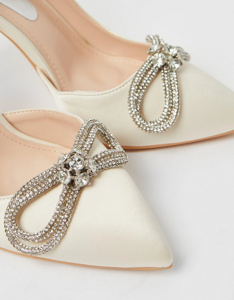 Tibby Bridal Satin Diamante Bow High Stiletto Court Shoes