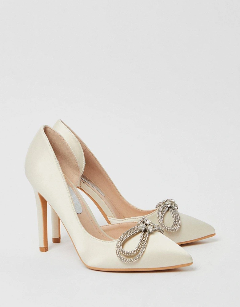 Tibby Bridal Satin Diamante Bow High Stiletto Court Shoes