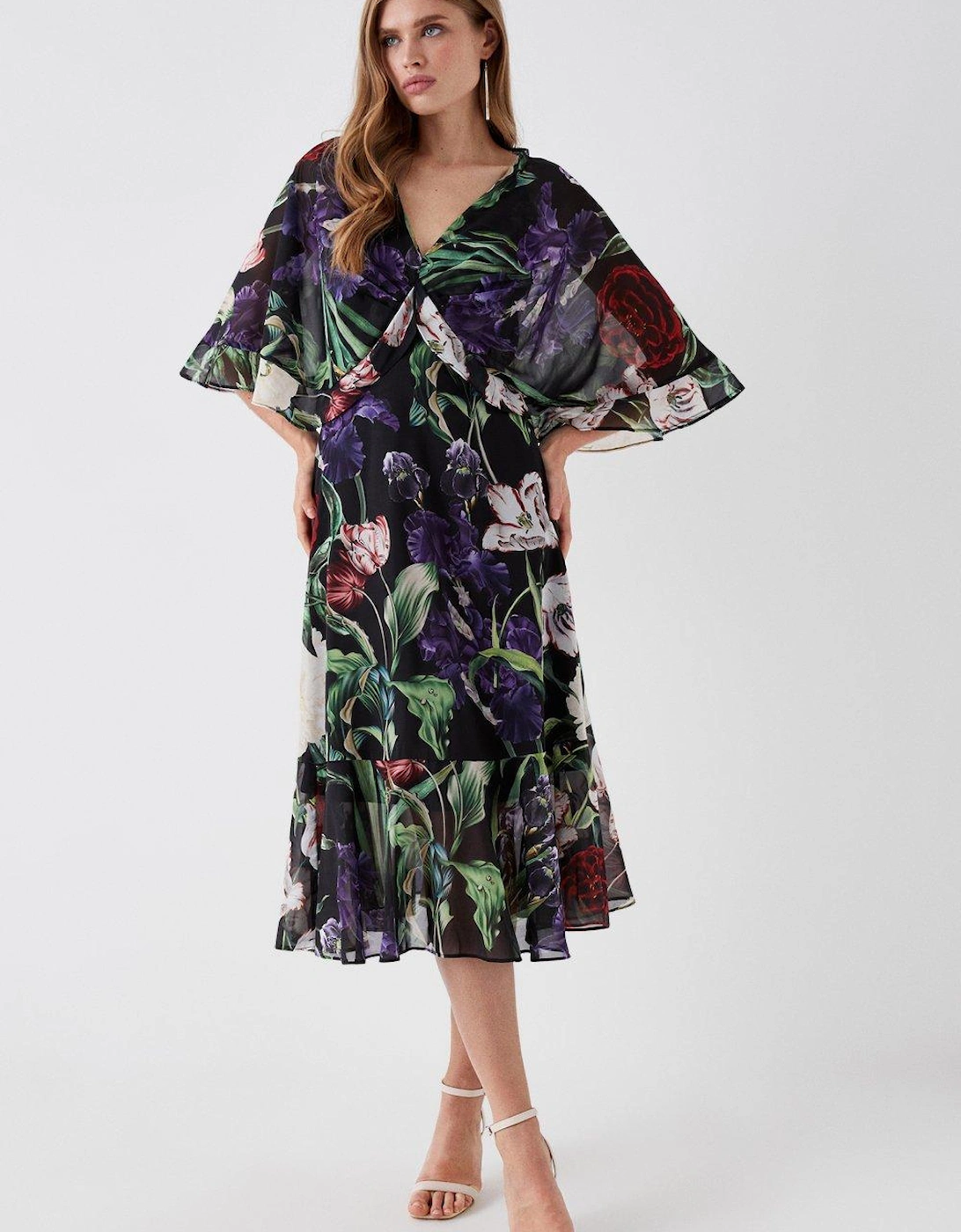 Printed Cape Ruffle Detail Midi Dress, 2 of 1