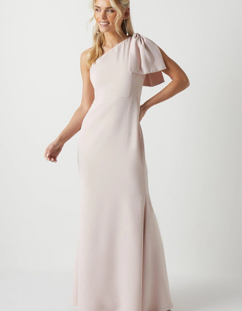 Petite Bow One Shoulder Puddle Bridesmaids Maxi Dress