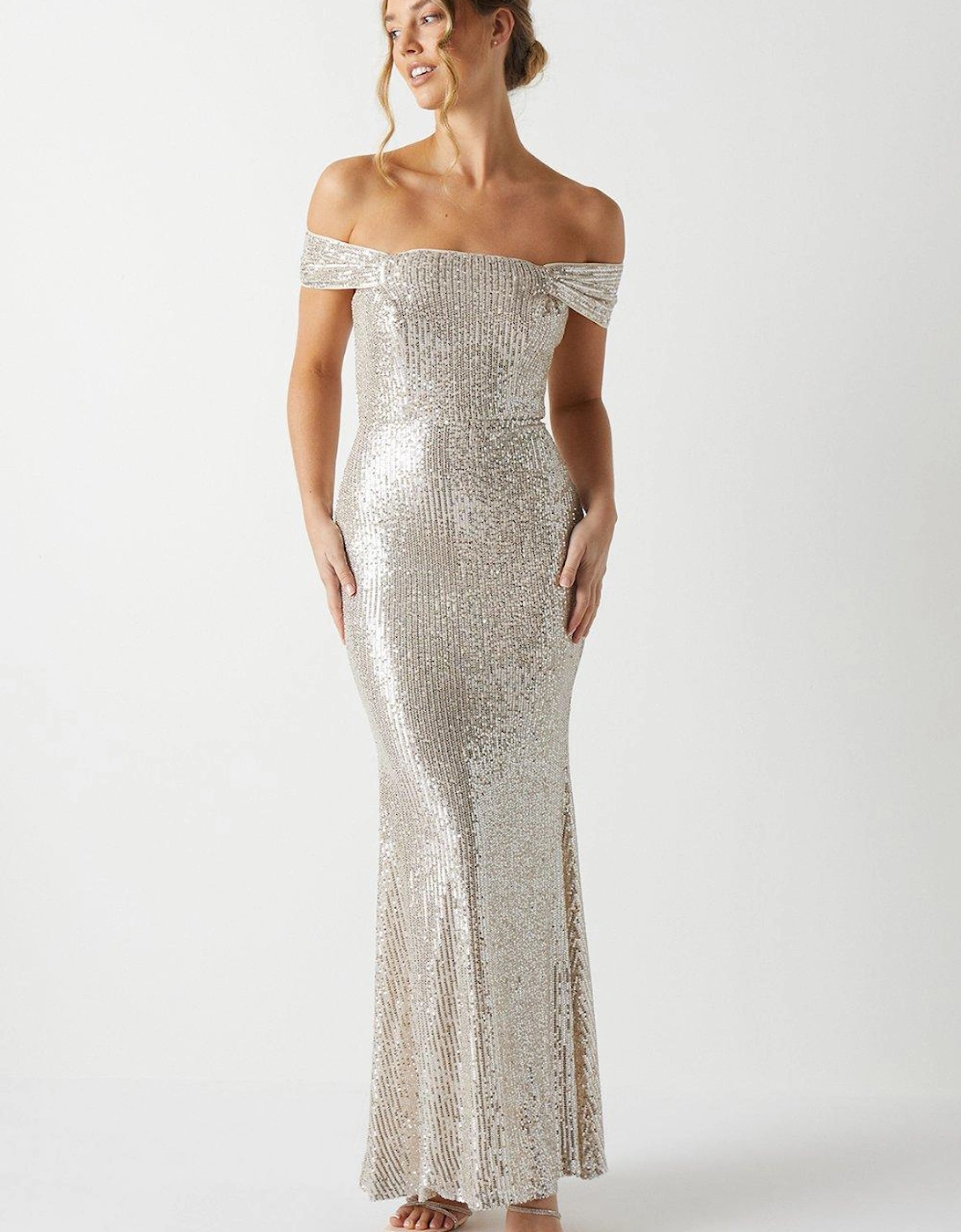 Sequin Bardot Bridesmaids Maxi Dress