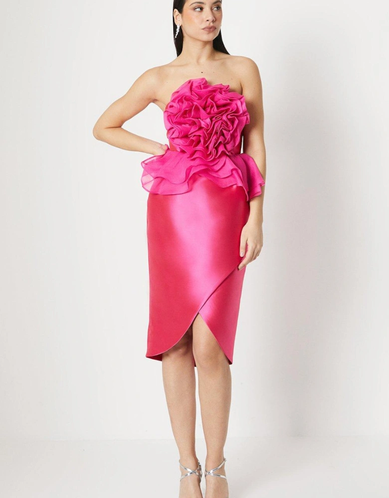 Rose Ruffle Twill Pencil Dress