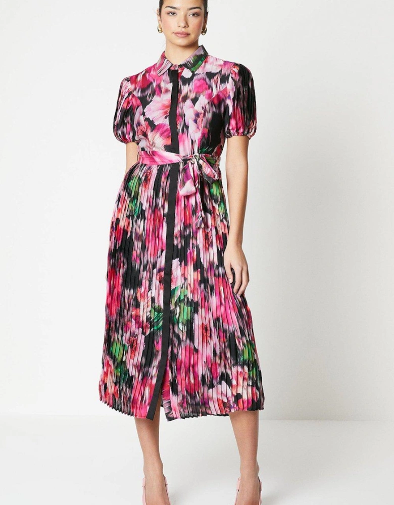 Blurred Floral Pleated Shirt Dress