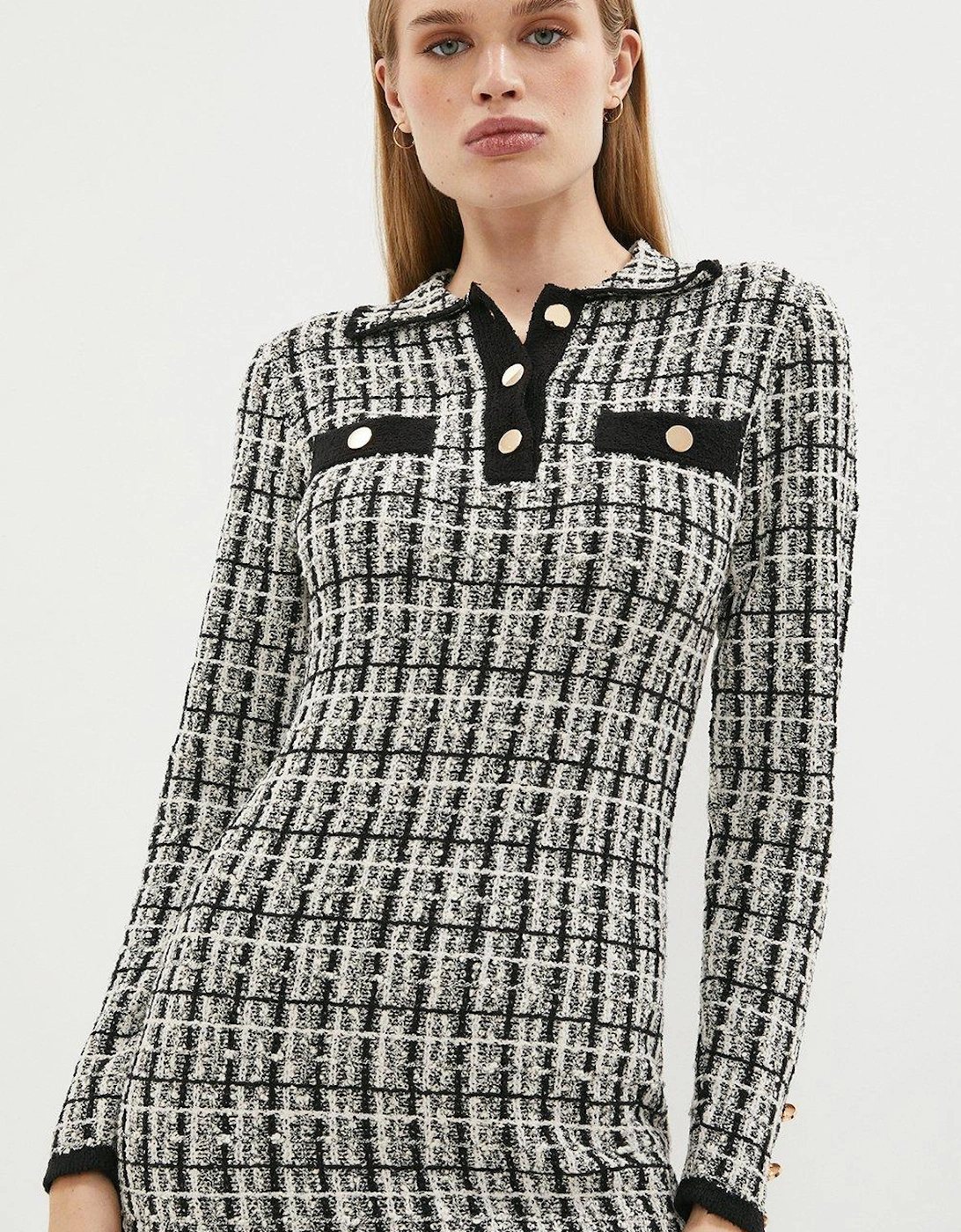 Boucle Button Detail Knitted Mini Dress