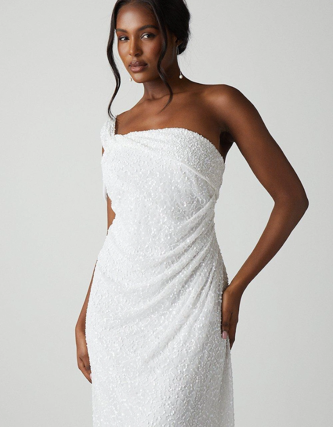 Bardot Asymmetrical Sequin Wedding Dress With Drape
