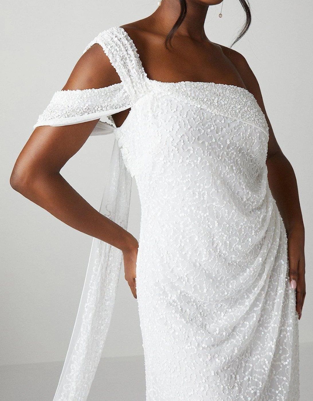 Bardot Asymmetrical Sequin Wedding Dress With Drape