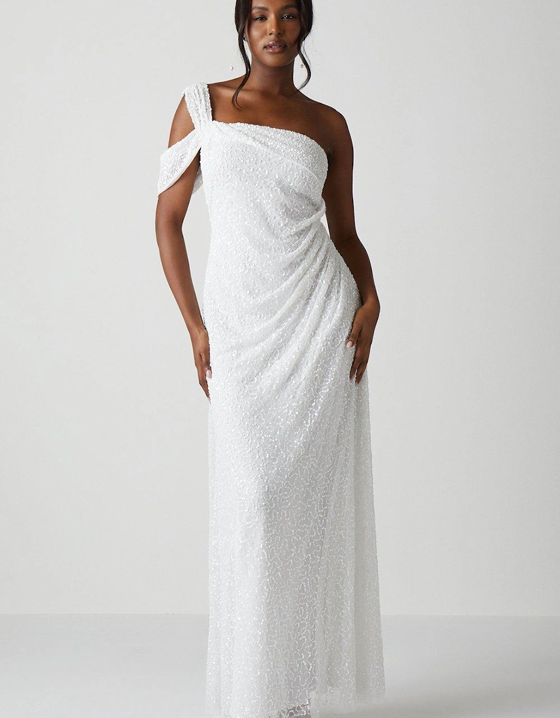 Bardot Asymmetrical Sequin Wedding Dress With Drape, 5 of 4