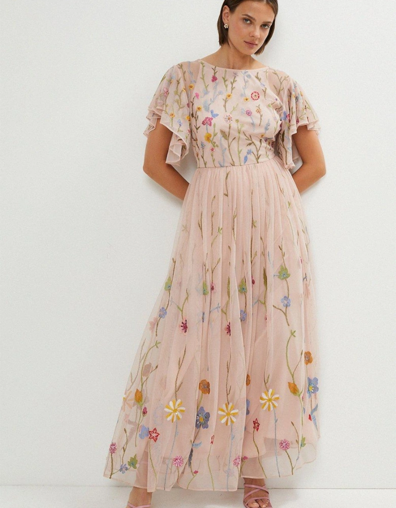 Meadow Embroidered Flute Sleeve Maxi Dress