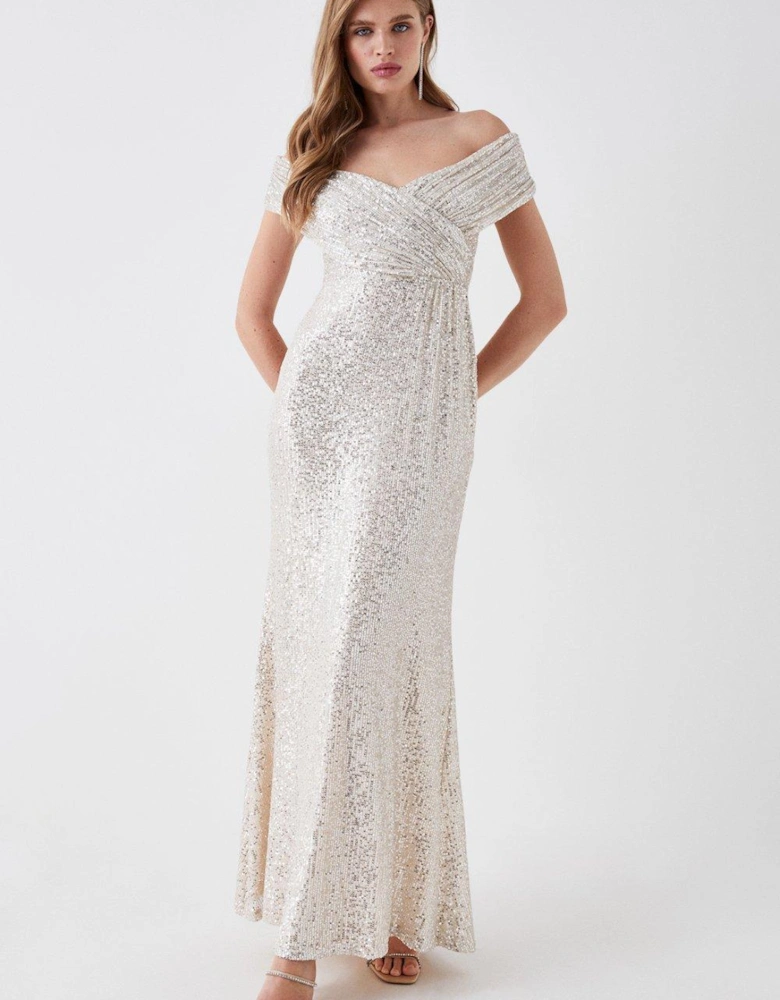 Sequin Bardot Bridesmaids Maxi Dress