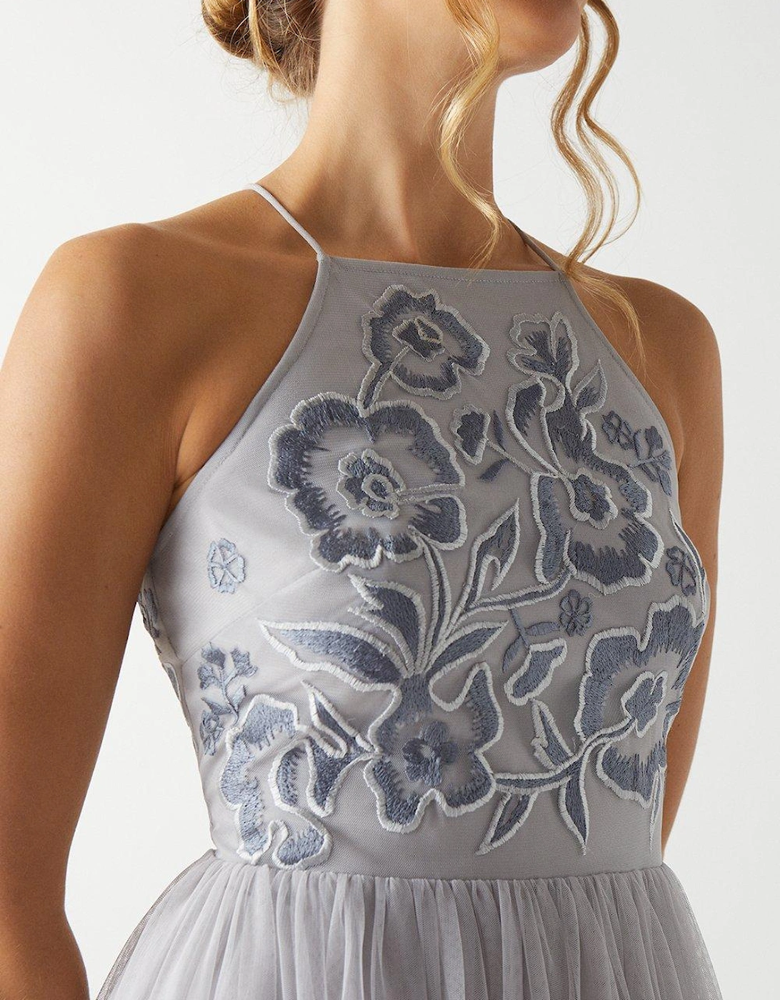 Floral Halterneck Embroidered Bodice Bridesmaids Maxi Dress
