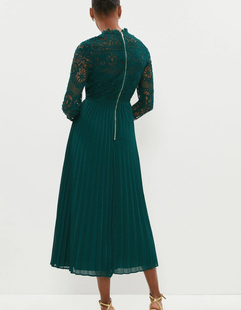 Long Sleeve Lace High Neck Pleated Midi Dress