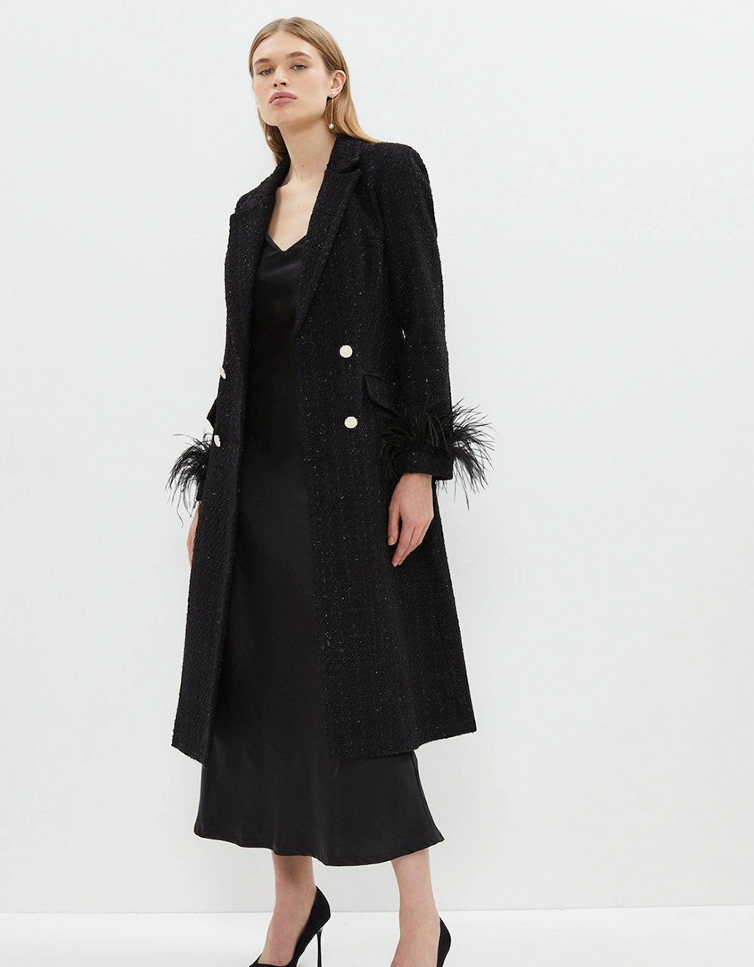 Boucle Double Breasted Feather Cuff Long Coat, 6 of 5
