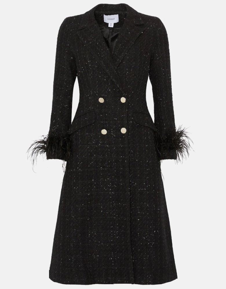 Boucle Double Breasted Feather Cuff Long Coat