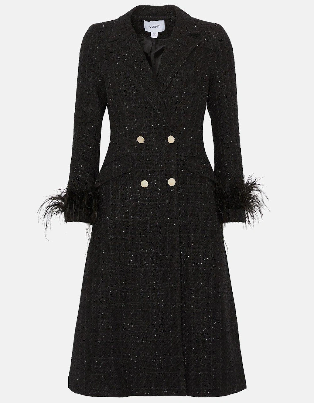 Boucle Double Breasted Feather Cuff Long Coat
