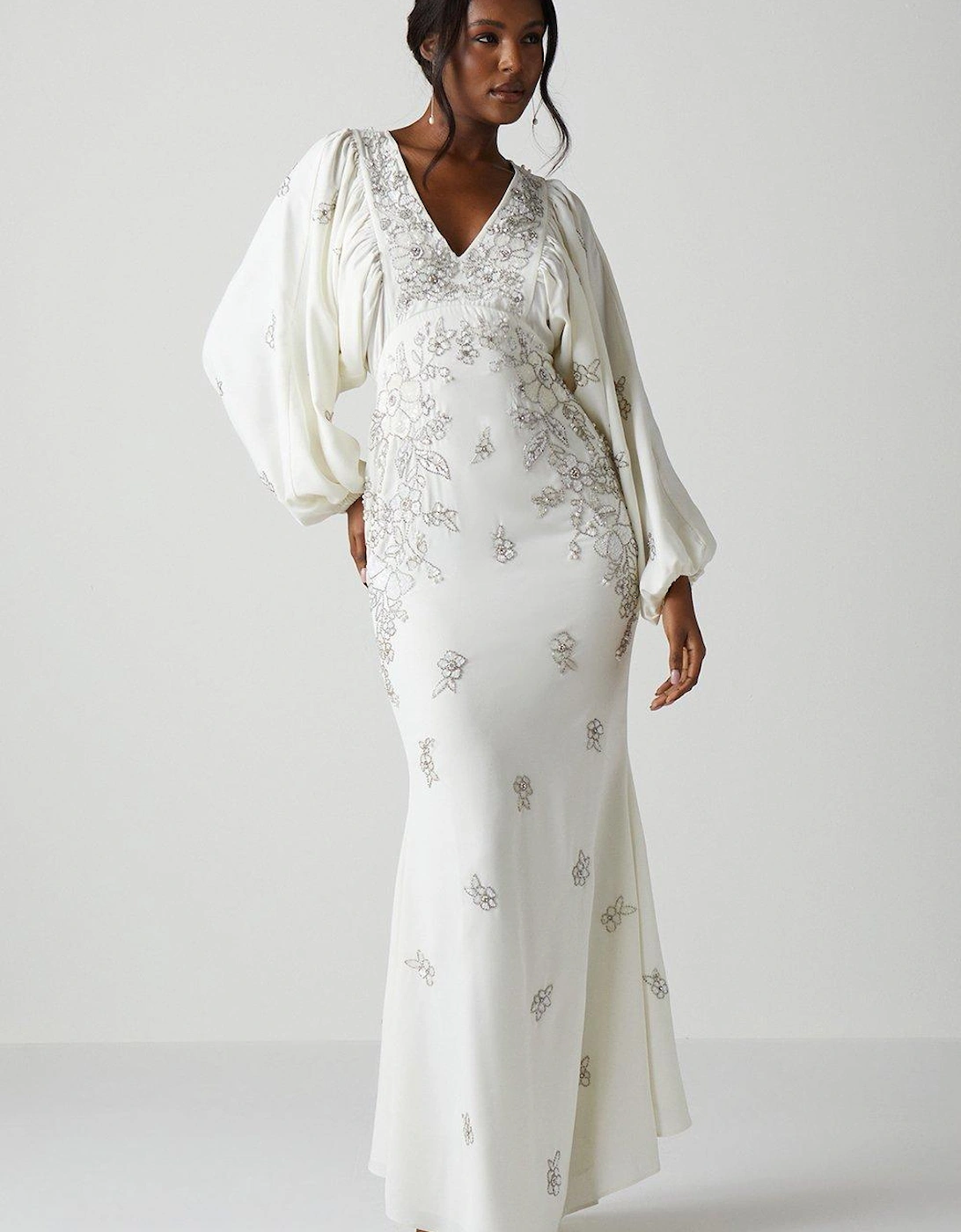 Premium V Neck Blouson Sleeve Embellished Wedding Dress, 6 of 5