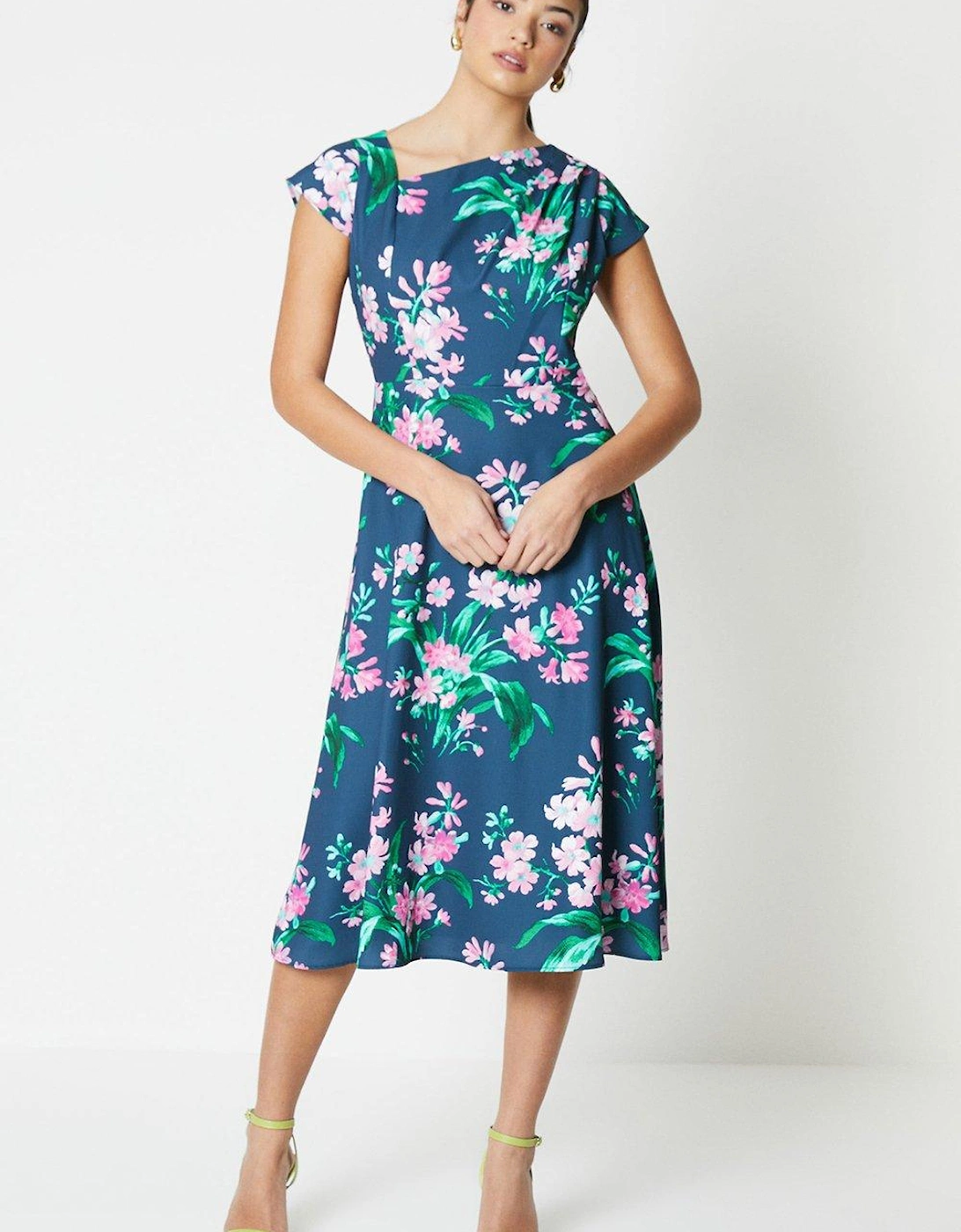 Printed Asymmetric Neckline Fit And Flare Midi Dress, 5 of 4