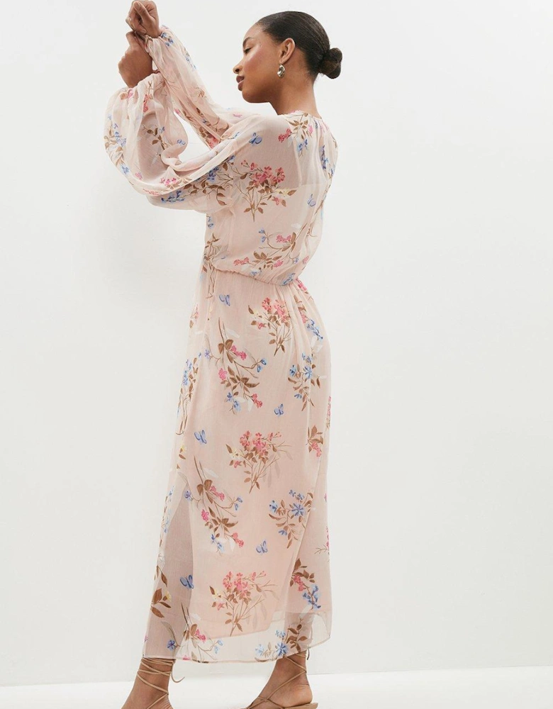 Blouson Sleeve Printed Chiffon Midaxi Dress