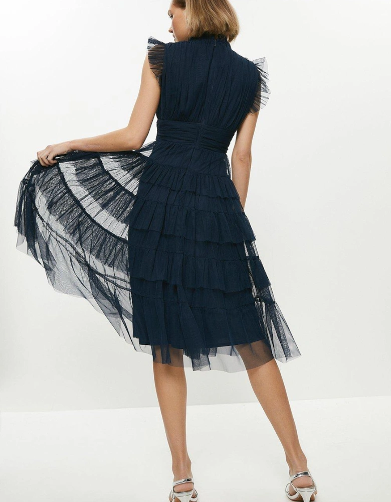 Petite Tulle Tiered Frill Sleeve Dress