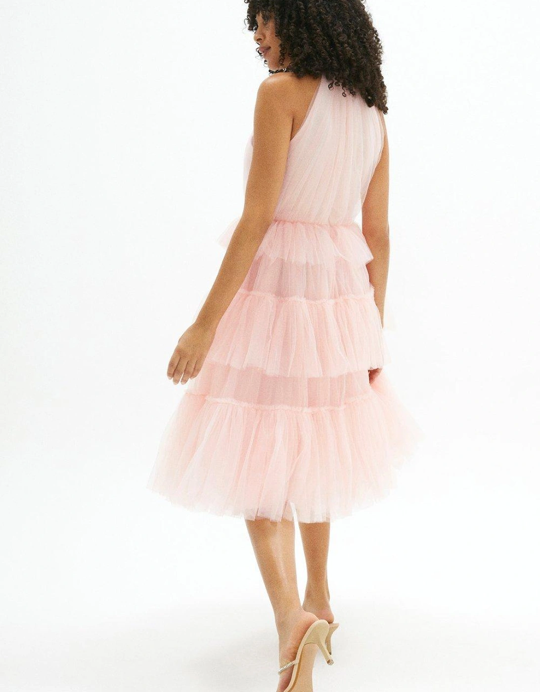 High Neck Tulle Tiered Midi Dress