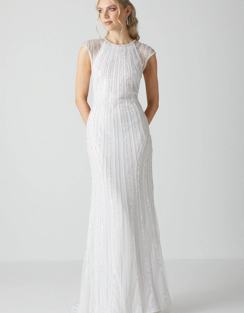 Embellished Cap Sleeve Linear Embellished Wedding Dress