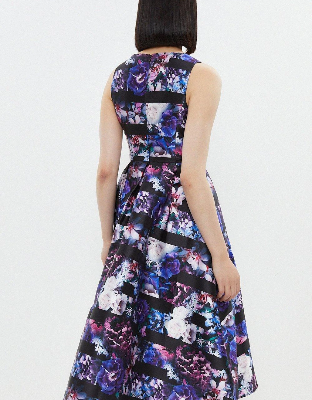Stripe Floral Print Full Skirt Midi Dress
